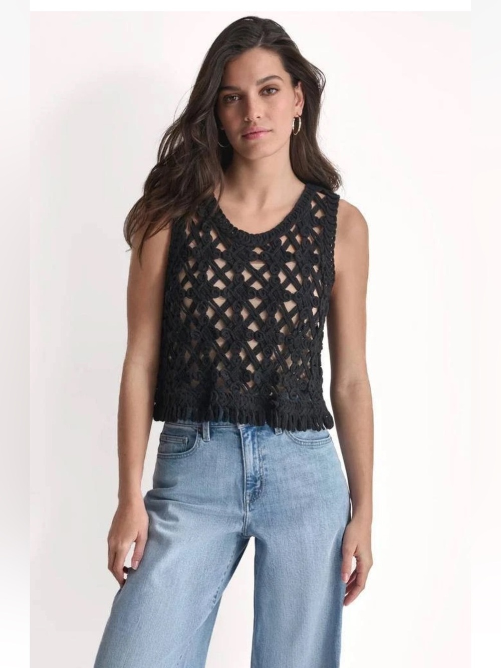 DKNY Jeans black open-knit macramé crochet fringe tank top size XL